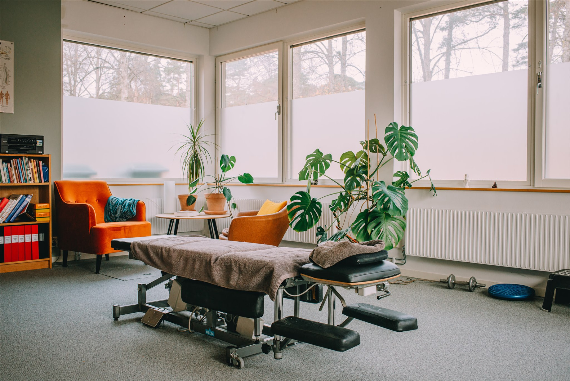 Ljust behandlingsrum på Ryggakuten med behandlingsbänk, fåtöljer och gröna växter.